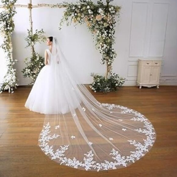 Ivory Cathedral Wedding Bridal Veils Long with Floral Embroidered Edge 1 Tier